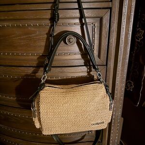Woven Straw Shoulder Bag with Black Trim
